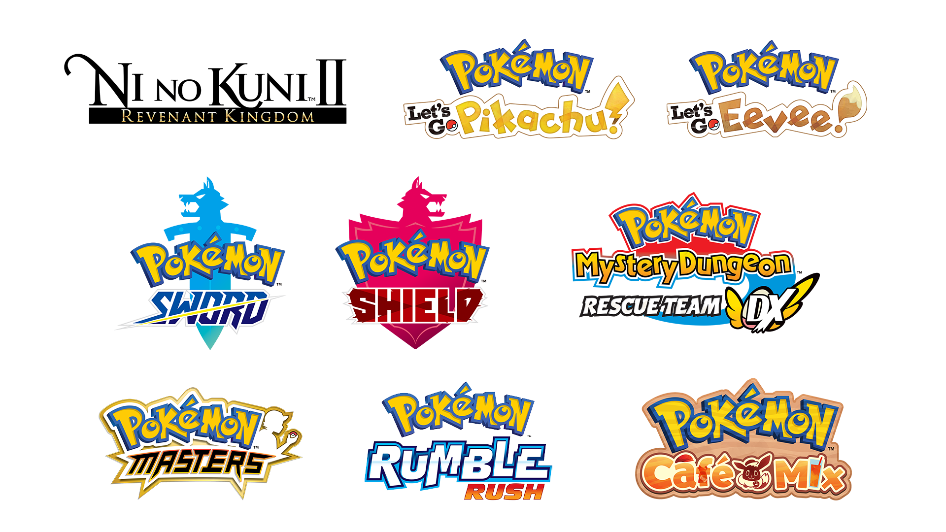 Ni no Kuni 2, Pokémon Let's Go Pikachu, Pokémon Let's Go Eevee, Pokémon Sword, Pokémon Shield, Pokémon Mystery Dungeon: Rescue Team DX, Pokémon Masters, Pokémon Rumble Rush, Pokémon Café Mix